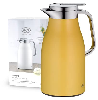 alfi SKYLINE 1,0l, spicy mustard mat, Edelstahl-Isolierkanne mit hygienischem Hartglaseinsatz, Drehverschluss mit bequemer Drucktaste, ergonomischer Griff, mit einer Hand, ideal als Kaffeekanne