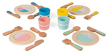 Janod - 20-teiliges Service Holz Design Retro - Rollenspiel - Küchenspielzeug - Entwicklung von Feinmotorik und Fantasie - Ab 3 Jahren, J06600