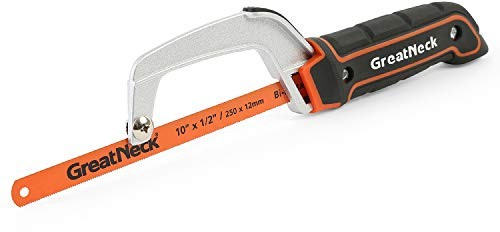 GreatNeck 74009 10 Inch Close Quarter Hack Saw, Compact Hacksaw for Cutting Wood, Metal, PVC, and Foam, Dual-Action Blade Lock, Adjustable Aluminum Frame