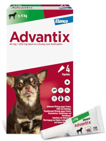 Advantix Spot On Hund bis 4 kg, 4 Monate Zeckenschutz & Flohschutz, wehrt Mücken & Stechfliegen ab, Bevor sie stechen, idealer Reiseschutz, Wirkung bis zu 4 Wochen, 4 Pipetten