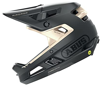 ABUS Fullface-Helm AirDrop MIPS - MTB: Downhill, Freeride und Enduro - Mountainbike-Helm mit optimierter Belüftung und Ambient Sound Channel - für Erwachsene, Schwarz/Gold, Größe L/XL