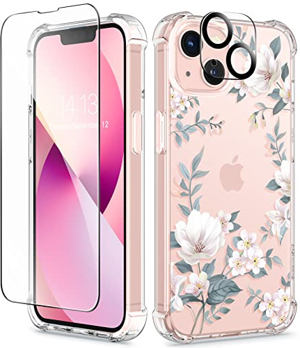 GVIEWIN Compatible with iPhone 13 Case 6.1 Inch 2021, with Tempered Glass Screen Protector + Camera Lens Protector, Flower Clear TPU Slim Bumper Shockproof Protective Soft Phone Cover, Magnolia/White | Slim Bumper, Shockproof Protective, Soft Phone Cover for Girls Women 6.1 2021,Magnolia/White