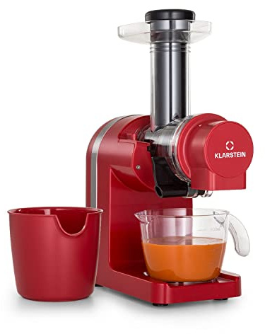 Klarstein Bella Elegance Extractor de Zumos 200 W, Prensa en Frio Vertical, Deposito 400 ml, Sin BPA, Base Antideslizante, Rojo