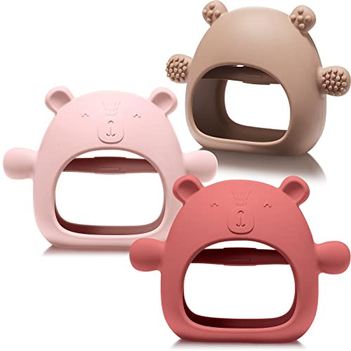 Chumia 3 Pack Teething Toys for Babies 0-6 Months Silicone Hand Teethers Baby Anti Dropping Hand Pacifiers Infant Chew Toys for Sucking Needs(Caramel, Red, Pink)
