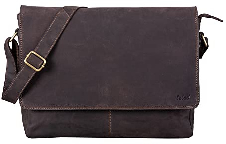 TALED herrväska I Laptop väska upp till 15 tum I Messenger väska av äkta buffelskinn i vintage look I Läderväska I Axelväska I Arbetsväska I 38x10x31cm I Muskot Brun – Mocka