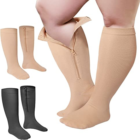 Hillban 2 Pair 15 - 25 Mmhg Wide Plus Size Calf Zipper Compression Socks for Women Men(4x-large,Black, Beige)
