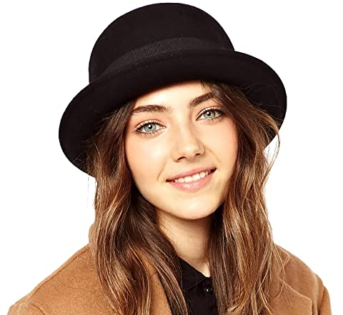 INOGIH Derbyhut aus Wolle, rund, für Damen und Herren, schwarz, Bowler-Hut, mit aufklappbarer Krempe, Kirchenhut (S/M), Schwarz, Medium