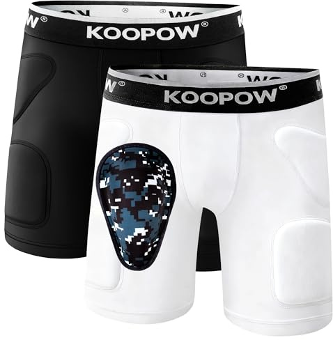 KOOPOW Youth Boys Padded Compression Sliding Shorts Pants with Soft Protective Athletic Cup & Pocket, Baseball Slider Underwear for Kids, Baseball, Football, Lacrosse (Black+White, M)
