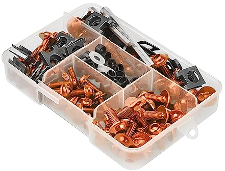 JNNJ Motorcycle Fairing Bolt Kit, 177pcs M5 M6 Motorcycle Windscreen Screws, Aluminum Fasteners Fairing Bolts Nut Clips Kit, Mounting Kits Washers Nuts Screws Assortment for Sport Bikes(Orange)