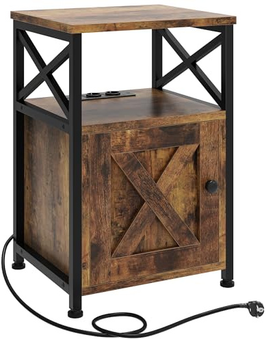 YITAHOME Beistelltisch, Nachttisch mit Kabinett, X-förmiger Couchtisch mit Ladestation, 2 USB-Anschlüssen und Steckdosen, Nachtkommode für Wohnzimmer, Schlafzimmer, Metallrahmen, Vintage-Braun