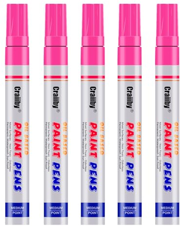 Pink Paint Markers, 5 Pack Oil-Based Waterproof Quick Dry Permanent Paint Pen Set for Rocks Painting, Wood, Fabric, Plastic, Canvas, Glass, Mugs, Metal, Tire, Stone, DIY Craft