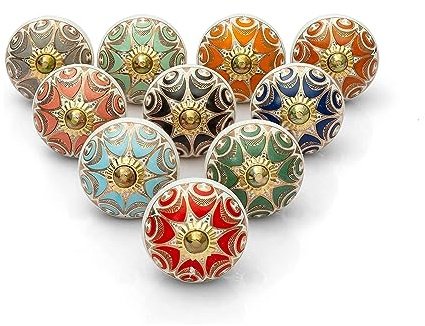 Rasiya Art Ceramic Boho Knobs for Chest of Drawer - Decorative Assorted Round Cabinet Knobs for Dresser, Kitchen, Cabinets, Door, Wardrobe and Drawer - Multi Colour - Pack of 10