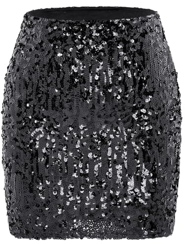 Durio Pailettenrock Für Damen Glitzer Rock Kurz Damen Sexy Midi Skirt Hüftrock mit Elastische Taille Party Rave Silvester Outfit Schwarz M