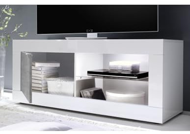 PRICE FACTORY just for you Meuble TV 1 Porte, Collection ISORA, Coloris Blanc laqué Brillant et Gris Effet béton