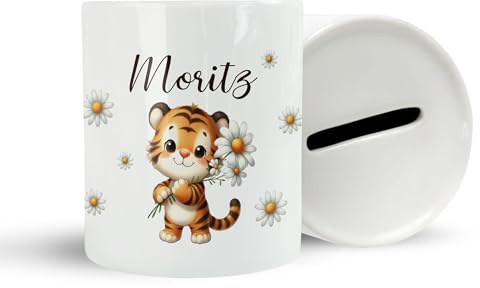 Personalisierte Spardose mit Wunschname | Sparschwein Geschenk Geburtstag Ostern | Geldgeschenk mit Wunschnamen mit süßem Tiermotiv und eigenen Namen für Jungs oder Mädchen | Tiger