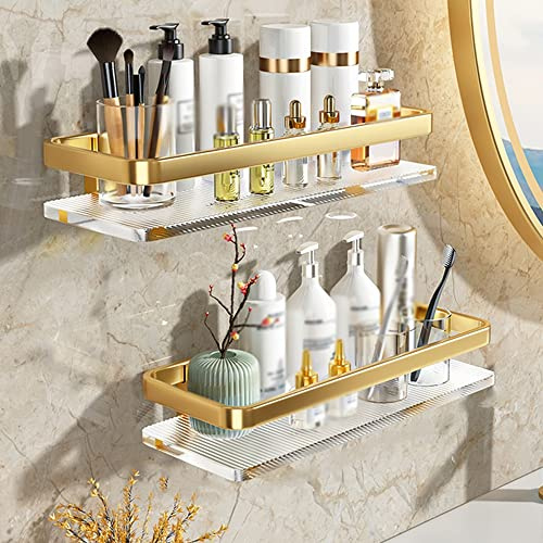 Badezimmerregal Ohne Bohren, Duschregal, Schwebende Regale, Transparente Acryl-Duschregale, Wandmontage,T Handtuchregal, Lagerregal, Multifunktionale Küchenregale/Gold 30Cm 2 Layer