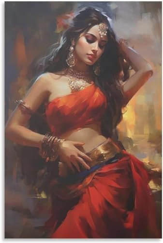 LVTFCO Schöne indische Frau Volkstanz Poster und Drucke Retro Wandkunst indische Frau Volkstanz Leinwand Gemälde für Home Decor Bild 50x70cm Kein Rahmen