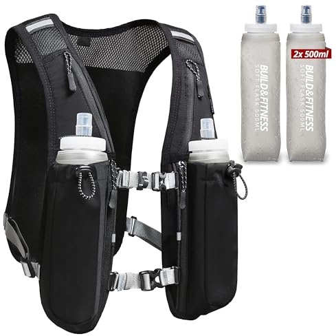 Gilet idratante da corsa per donna e uomo Zaino riflettente, 8 tasche, asciugatura rapida, resistente all'acqua, traspirante, regolabile. Per corsa (con 2 borracce morbide da 500 ml)