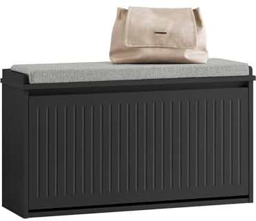 SoBuy Banc Chaussures Entrée Meuble Chaussure avec Assise Coussin Rembourré et Abattant - Meuble de Rangement Chaussures, L80 x P26 x H45 cm - Capacité de Charge 155 kg, Noir, FSR98-L-SCH