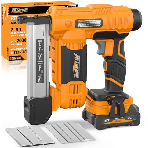 Alloyman 2 in 1 Cordless Brad Nailer/Electric Stapler with 2.0Ah Battery and Charger,1000pcs Nails and 500pcs Staples Included for Home Improvement & Woodworking