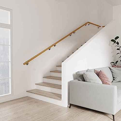 Pasamanos de madera maciza de roble para escaleras interiores, barandilla montada en la pared, barandilla de 6 pies con soporte de metal, color roble natural