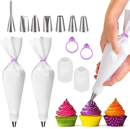 15 Stück Spritztüllen Spritzbeutel Set, Spritzbeutel Mit tüllen Profi, Wiederverwendbaren Spritzbeuteln, Backzubehör Set mit 7 Große Spritztüllen, für Kuchen, Torten, Keksen-Dekoration