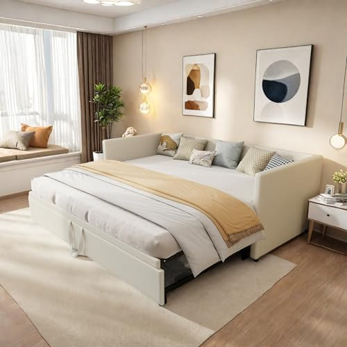 Bäddsoffa 90/180 x 200, 2-sitsig utfällbar säng, utdragbar säng, funktionell 2-sitsig soffa, sammetstyg, utan madrass (beige, 90/180 x 200 cm)