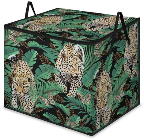 Bolsas de almacenamiento grandes con cremalleras y asas, diseño de hojas de palma, con estampado de leopardo, caja de almacenamiento plegable, para organizar mantas, ropa, contenedores para decoración