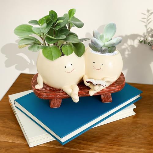 KTCINA Pot de Fleurs avec avec Trou de Drainage - Ultra - Doux - avec Visage - en résine de qualité supérieure - Drôle - Smily Face - Pot de Fleurs avec balançoire - Visage Succulent