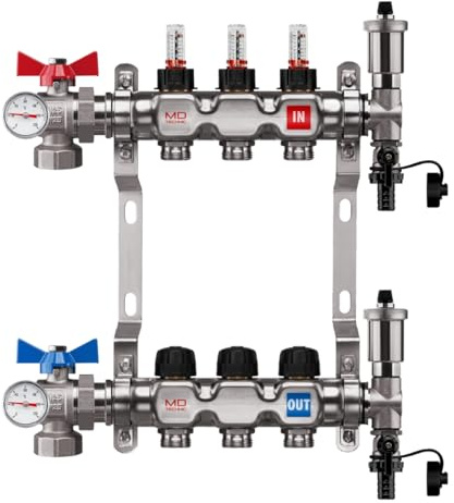MD Technic Heizkreisverteiler Edelstahl 3 Heizkreise Kugelhahn Abgewinkelt | inklusive Durchflussmesser Handventile Montage/Wandhalterungen Endset und automatische Entlüfter