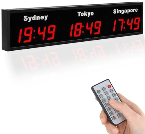 HNBYLMM Horloge Mondiale numérique à LED, Horloge numérique Multi-fuseaux horaires Ville de 3/4, Horloge Murale Multi-fuseaux horaires, pour aéroports, hôtels, Bureaux et multinationales,Red-3Time