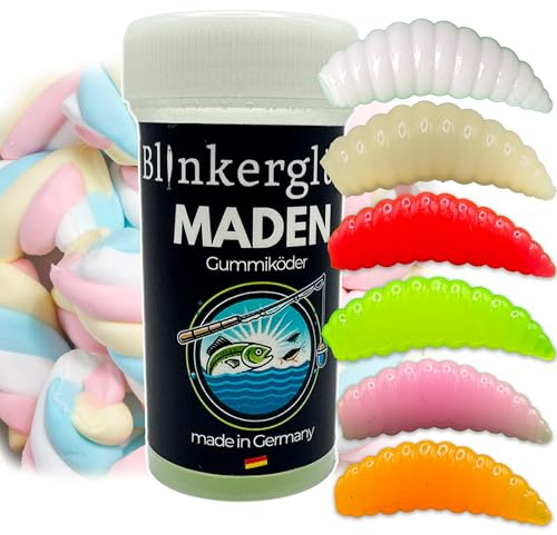Blinkerglück Angeln Kunstköder-Maden 4 cm – 10 Stück in Kunststoffdose mit Marshmallowaroma – Dicke Softbaits für Forelle, Karpfen & Friedfisch (Farbmix (teilweise UV-Aktiv))