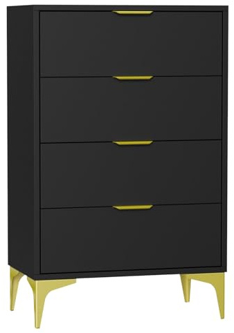 Anunweldo 4 Schubladen Kommode, Kommode für Schlafzimmer, Kommode mit 4 Schubladen, Schubladenschrank Schmal für Wohnzimmer, Schlafzimmer,Arbeitszimmer (Schwarz)