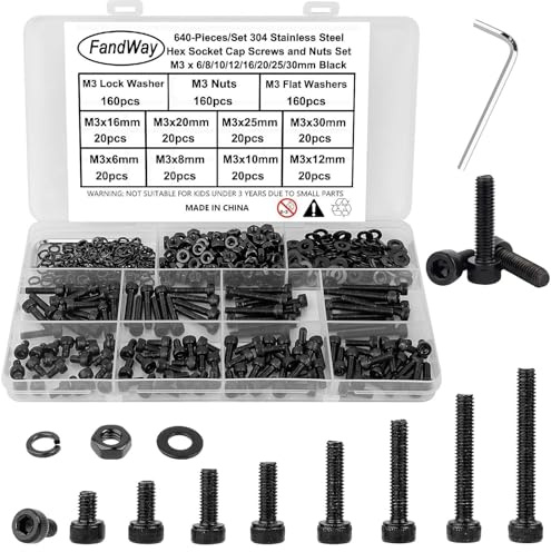 FandWay 640 Pièces Boulon et écrous Rondelles M3,Vis à Six Pans Creux,Vis à Cylindriques Hexagonale DIN 912,Vis à Métaux Tête Hexagonale en Acier Inoxydable 304 Époxy Noir Avec 1 Clés Allen.