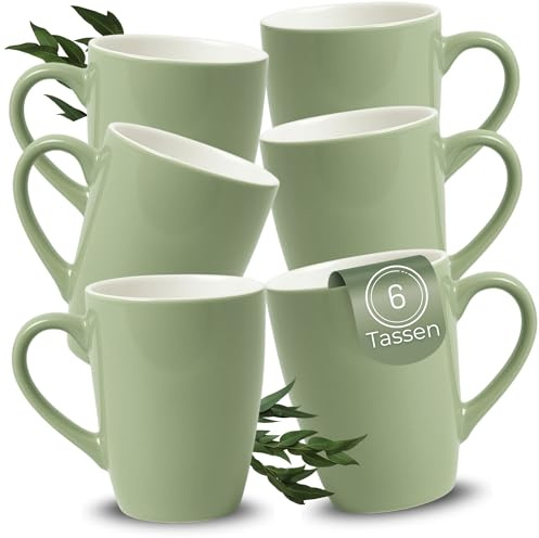 matches21 HOME & HOBBY Kaffeetassen 6er Set aus Keramik 340ml - Teetassen für 6 Personen in Salbei, Kaffeebecher Spülmaschinenfest