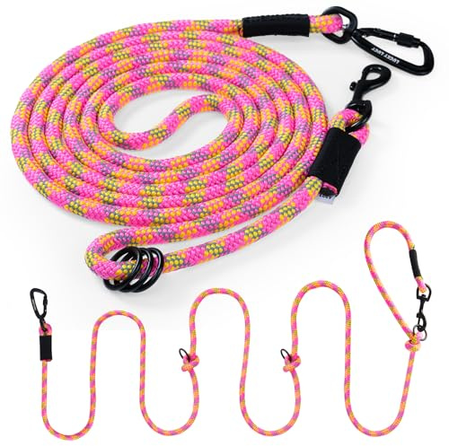 LUCKY LUCY Hundeleine 3m, für mittel & große Hunde (bis 80kg), Metallring zur Längenanpassung, reflektierend, waschbar, mit 360° drehbarer Aluminium Sicherheitskarabiner, schöner Fuchsia