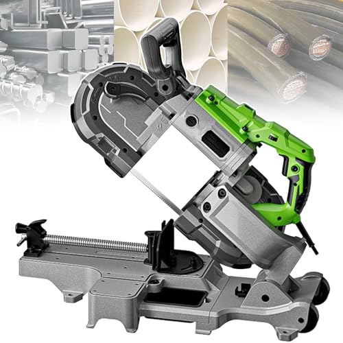 Portable Band Saw, Hand Held Bandsaw 1100W, 120mm Deep Cut, 6 Speed Settings, LED Light, Ideal for Metal and Wood Cutting, Removable Base, 45/90° Cutting Angle