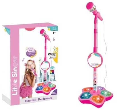 Kids Microphone with Stand, Kids Microphone and Stand Adjustable, Kid Karaoke Machine, Sing Musical Toy with Flashing Stage Lights, Boys Girls Toys for Christmas Birthday Party Pastime (Pink)