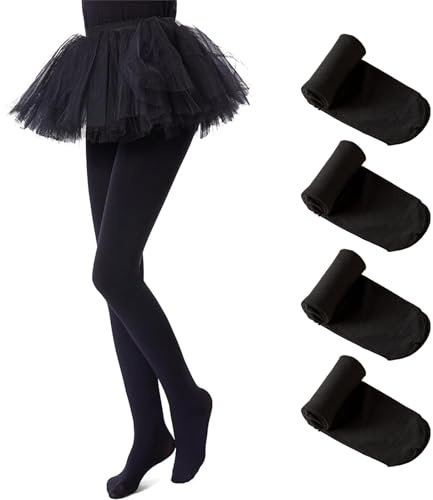 LXEASYGO 4 Pairs Girls Ballet Tights 40D Solid Opaque Footed Tights Kids Dance School Pantyhose (UK, Age, 10 Years, 13 Years, Regular, Black)