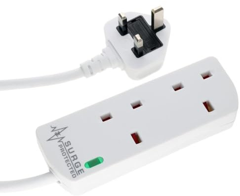 2 Gang Way Surge UK 13A Trailing Socket Mains Power Extension Lead White 1m