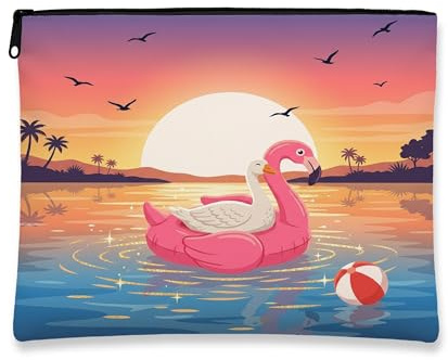 Funny Goose Makeup Bag, Flamingos Lifebuoys Sea Printed Cosmetic Travel Pouch for Women, Animal Portable Small Canvas Zipper Organizer 7x9 Inch