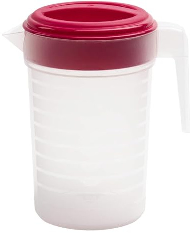 Caraffa rotonda in plastica con coperchio dosatore, senza BPA, 1 e 2 litri. Lavabile in lavastoviglie (rosso, 1 litro)