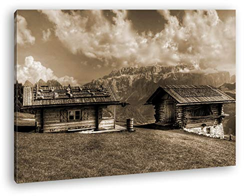 Leinwandbild Alpen Holzhütten – Rückzugsort in den Bergen Format: 80x60 cm Effekt: Sepia XXL Kunstdruck Bild auf Keilrahmen/Wandbild/Wohnzimmer Deko