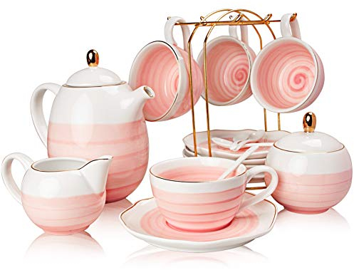 Sweejar Home Porzellan-Teeset, 225 ml Tassen und Untertasse, Teelöffel, 4er-Set mit Teekanne, Zuckerdose, Sahnekanne und Teesieb für Tee/Kaffee, Nachmittagsteekanne Rosa
