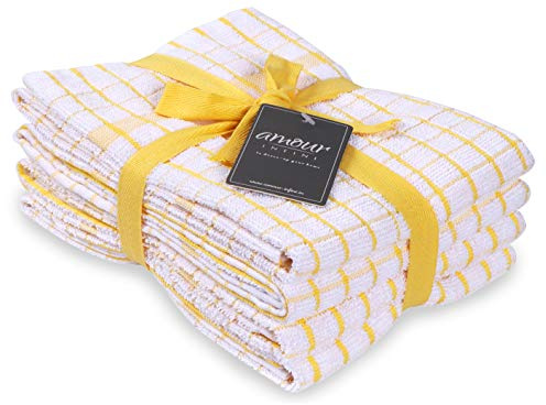 AMOUR INFINI Kitchen Towels Set of 4 - Highly Absorbent, Super Soft Terry Cotton 20x28 Inch Dish Towels with Hanging Loop - Hand & Tea Towels for Cleaning & Drying Dishes (Yellow)