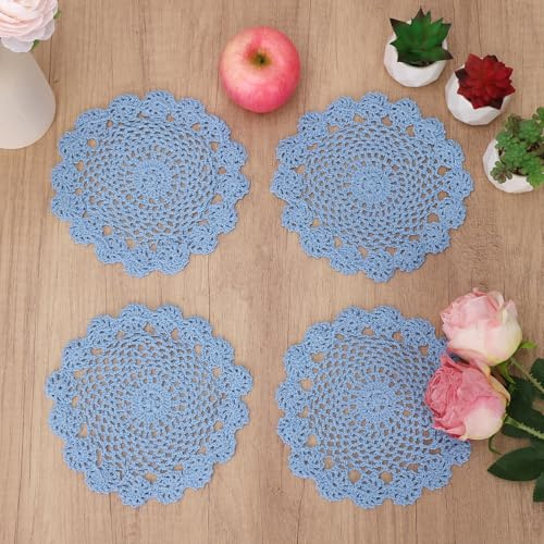 kilofly Confezione da 4 centrini in pizzo di cotone all'uncinetto, colore blu, 17,8 cm