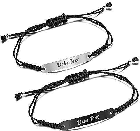 2x Personalisierbares Partnerarmbänder mit Gravur | Hochwertiges Pärchenarmband mit Edelstahl Platte | Persönliche Namensgravur | Ideal als Armband für Paare oder Freundschaftsarmband (Schwarz)