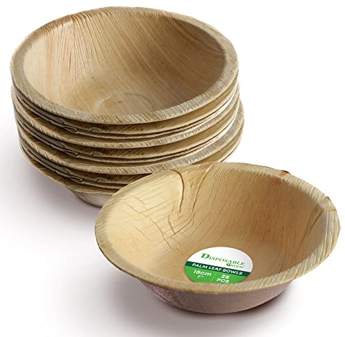 DISPOSABLE GREEN Runde Einwegschalen, Areca-Blatt-Servierschalen, Servierschalen für Partys, Hochzeiten, Catering und mehr, 18.5 cm rundx5 cm tief, 25 Stück