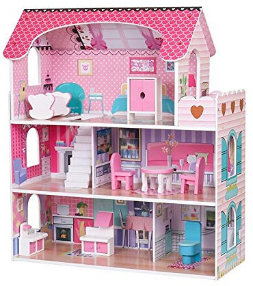 HYGRAD Wooden Kids Doll House All in 1 With Furniture & Staircase Perfect for Girls (Design 1)
