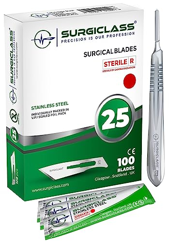 Lames de scalpel No 25 en acier inoxydable stériles, lot de 100 et poignée n° 4, parfaites pour l'art du bois, Chirurgicale, la sculpture, l'anatomie de laboratoire, Création d'enseignes SURGIGR25-100